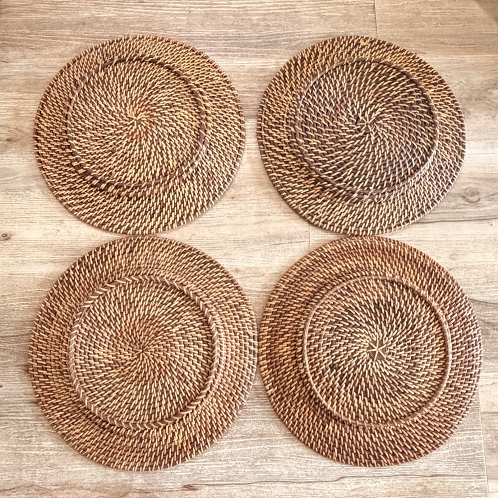 Set of 4 Round Woven Rattan Charger Plates 13" Brown Boho Table Mats MCM - Picture 13 of 15